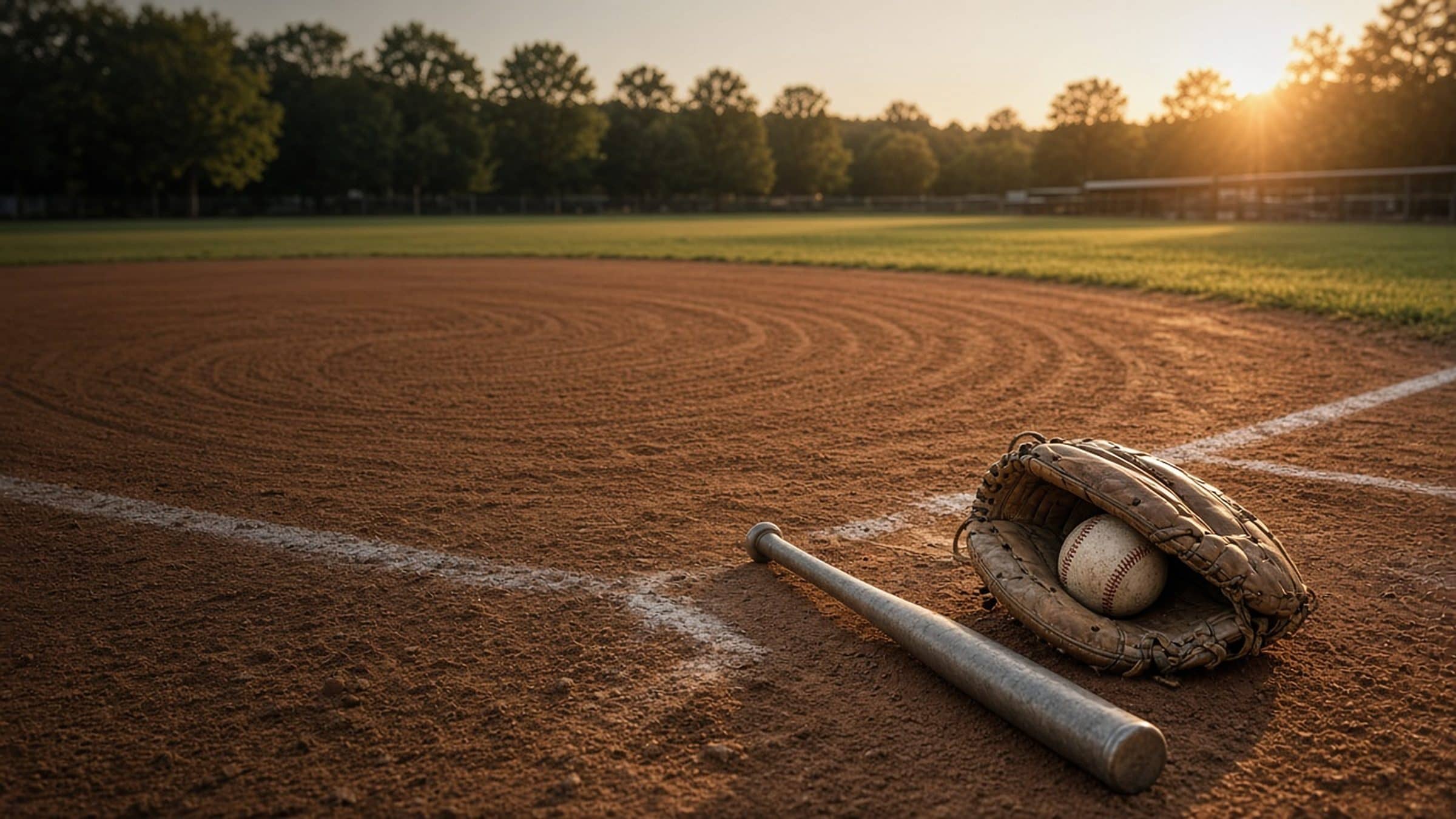 Golden-hour light over an empty baseball infield, with a worn glove, ball and bat resting on the dirt