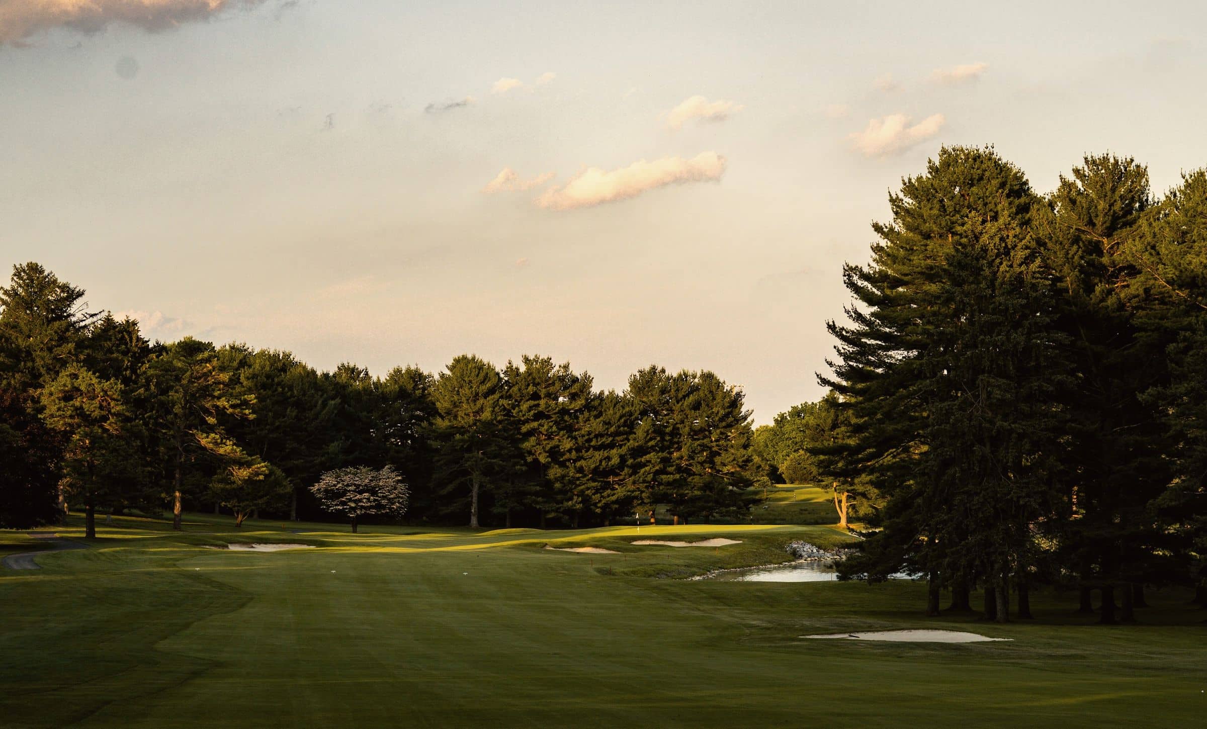 Late-afternoon light across a tree-lined fairway at Meadia Heights Golf Club