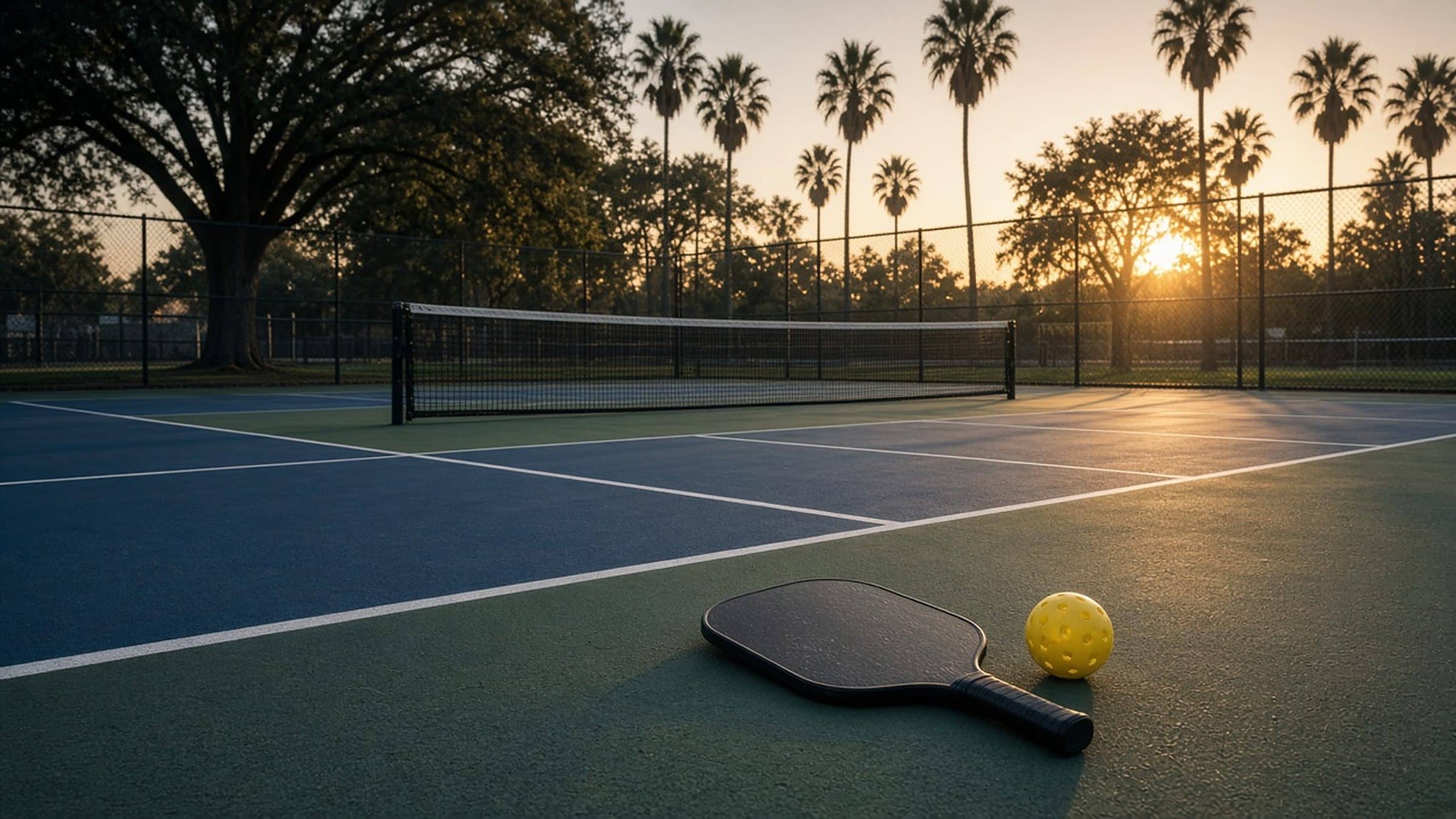 Golden-hour light over empty outdoor pickleball courts, with a paddle and ball resting on the court